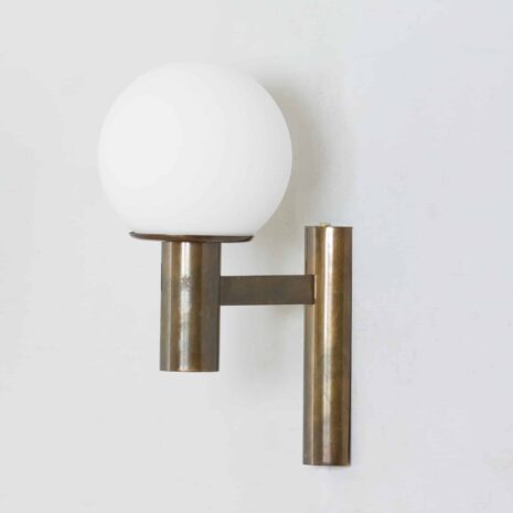21375 Pair of Italian Sciolari brass wall sconces with white opaline glass spherical shades, 1960s-3 Pair of Italian Sciolari brass wall sconces with white opaline glass spherical shades s