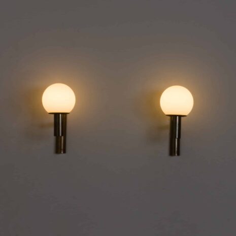 21375 Pair of Italian Sciolari brass wall sconces with white opaline glass spherical shades, 1960s-5 Pair of Italian Sciolari brass wall sconces with white opaline glass spherical shades s