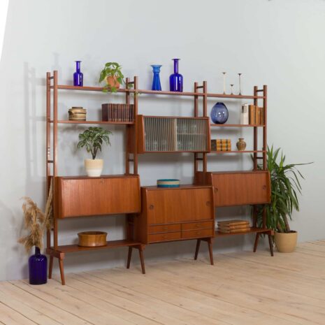 Scandinavian vintage freestanding teak wall unit shelving with  cabinets Denmark s