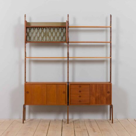 22356 Scandinavian 2 bay Ergo teak wall unit w. modular shelving system by J. Texman for Blindheim Møbelfabrikk, 1960s-3 Scandinavian bay Ergo teak wall unit w