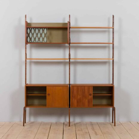 22356 Scandinavian 2 bay Ergo teak wall unit w. modular shelving system by J. Texman for Blindheim Møbelfabrikk, 1960s-4 Scandinavian bay Ergo teak wall unit w