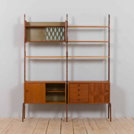 22356 Scandinavian 2 bay Ergo teak wall unit w. modular shelving system by J. Texman for Blindheim Møbelfabrikk, 1960s-5 Scandinavian bay Ergo teak wall unit w