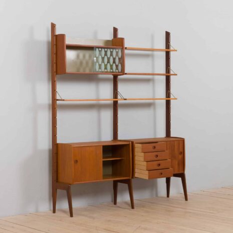 22356 Scandinavian 2 bay Ergo teak wall unit w. modular shelving system by J. Texman for Blindheim Møbelfabrikk, 1960s-6 Scandinavian bay Ergo teak wall unit w