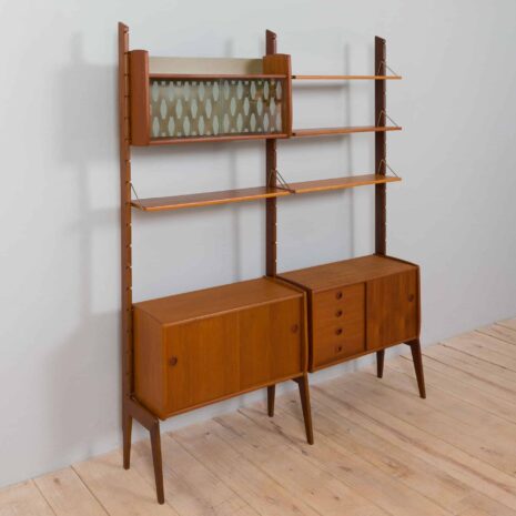 22356 Scandinavian 2 bay Ergo teak wall unit w. modular shelving system by J. Texman for Blindheim Møbelfabrikk, 1960s-9 Scandinavian bay Ergo teak wall unit w