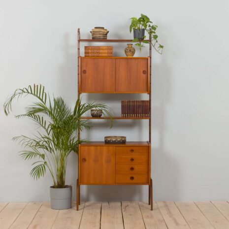 22358 Scandinavian Ergo freestanding teak wall unit w. modular shelving system by J. Texman for Blindheim Møbelfabrikk, 1960s-1 Scandinavian Ergo freestanding teak wall unit w
