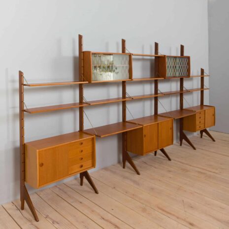 22360 Scandinavian 5 bay Ergo teak wall unit w. modular shelving and 2 homeoffice desk shelves by J. Texman for Blindheim Møbelfabrikk, 1960s-10 Scandinavian bay Ergo teak wall unit w