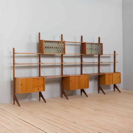 22360 Scandinavian 5 bay Ergo teak wall unit w. modular shelving and 2 homeoffice desk shelves by J. Texman for Blindheim Møbelfabrikk, 1960s-6 Scandinavian bay Ergo teak wall unit w