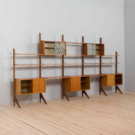 22360 Scandinavian 5 bay Ergo teak wall unit w. modular shelving and 2 homeoffice desk shelves by J. Texman for Blindheim Møbelfabrikk, 1960s-7 Scandinavian bay Ergo teak wall unit w