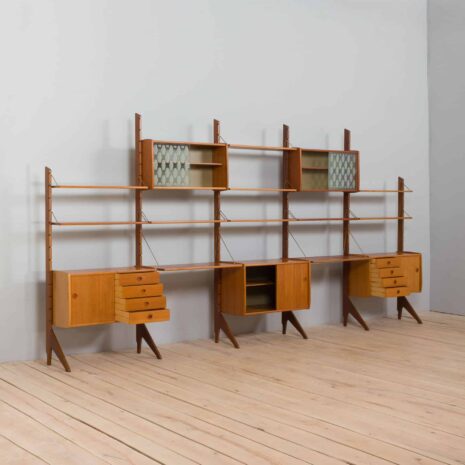 22360 Scandinavian 5 bay Ergo teak wall unit w. modular shelving and 2 homeoffice desk shelves by J. Texman for Blindheim Møbelfabrikk, 1960s-8 Scandinavian bay Ergo teak wall unit w