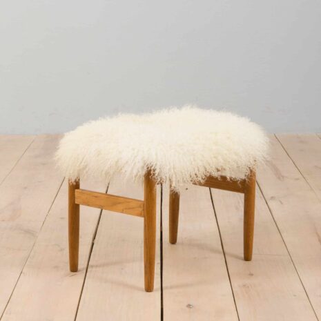 Danish mid century solid oak footstool in long sheepskin wool s