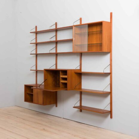 22401 Cadovius Unité murale en teck à 3 travées avec un bureau secrétaire, Danemark, Poul Cadovius Cado, 1960-8 Cadovius bay unité murale en teck avec un secrétaire bureau cabinet de bar Danemark Poul Cadovius Cado s