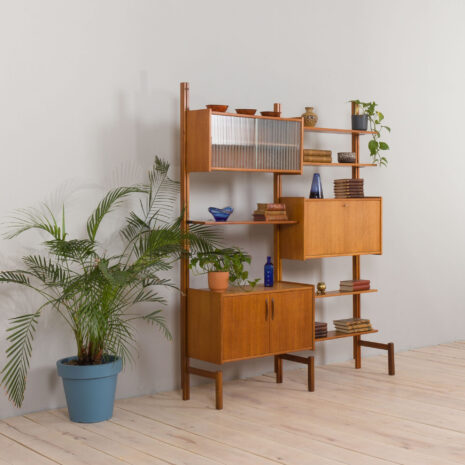 22390 Scandinavian modular Wall Unit in Teak with 3 Cabinets and 5 shelves by Sven Andersen for Rival Brodrene Jatogs, Norway, 1960s-2 Scandinavian modular Wall Unit in Teak with Cabinets and shelves by Sven Andersen for Rival Brodrene Jatogs Norway s scaled