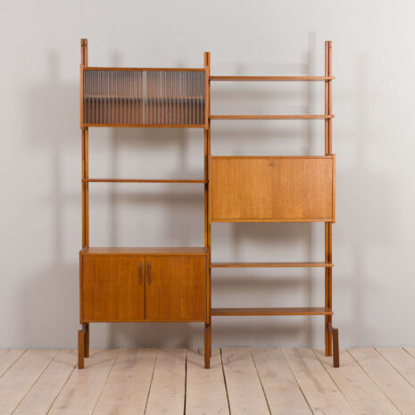 22390 Scandinavian modular Wall Unit in Teak with 3 Cabinets and 5 shelves by Sven Andersen for Rival Brodrene Jatogs, Norway, 1960s-3 Scandinavian modular Wall Unit in Teak with Cabinets and shelves by Sven Andersen for Rival Brodrene Jatogs Norway s scaled