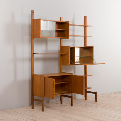 22390 Scandinavian modular Wall Unit in Teak with 3 Cabinets and 5 shelves by Sven Andersen for Rival Brodrene Jatogs, Norway, 1960s-5 Scandinavian modular Wall Unit in Teak with Cabinets and shelves by Sven Andersen for Rival Brodrene Jatogs Norway s scaled