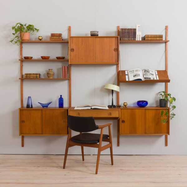 Threebay home office teak wall unit in Cadovius Sorensen style with a desk and  cabinets and modular shelving Denmark s  scaled
