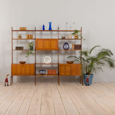 22431 Three Bay Ergo Wall Unit in teak w. cocktail cabinet and modular shelving by J. Texmon and E. Blindheim for Blindheim Mobelfabrikk, 1960s-1 Three Bay Ergo Wall Unit in teak w