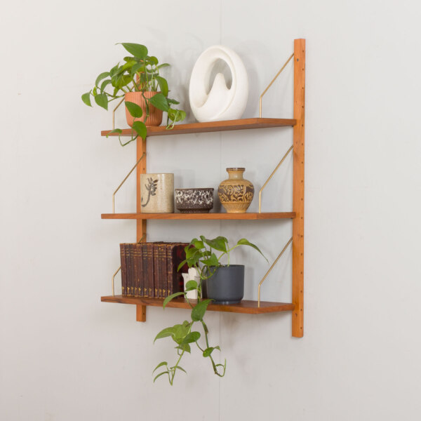 Danish wall unit in teak - modular shelving system w/ 3 shelves in Cadovius PS System Sorensen style
