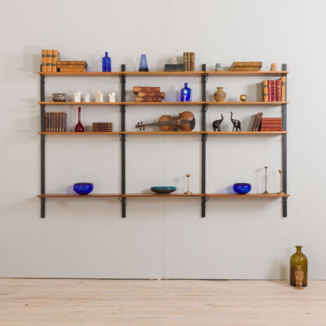 22264 Danish mid century 3 bay teak wall unit with 12 teak shelves, 1970s-1 22264 Danish mid century 3 bay teak wall unit with 12 teak shelves, 1970s-1