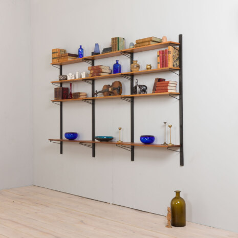 22264 Danish mid century 3 bay teak wall unit with 12 teak shelves, 1970s-2 22264 Danish mid century 3 bay teak wall unit with 12 teak shelves, 1970s-2