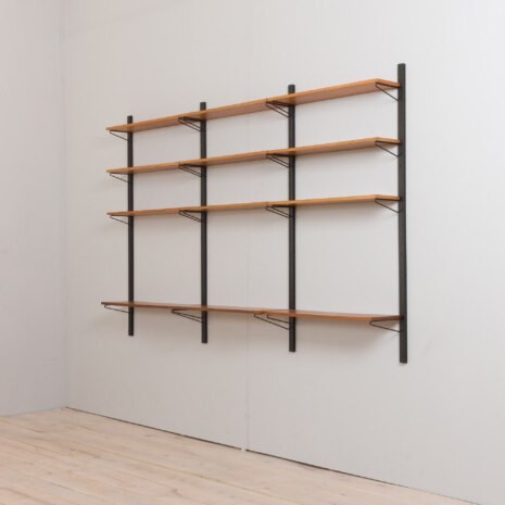 22264 Danish mid century 3 bay teak wall unit with 12 teak shelves, 1970s-4 22264 Danish mid century 3 bay teak wall unit with 12 teak shelves, 1970s-4