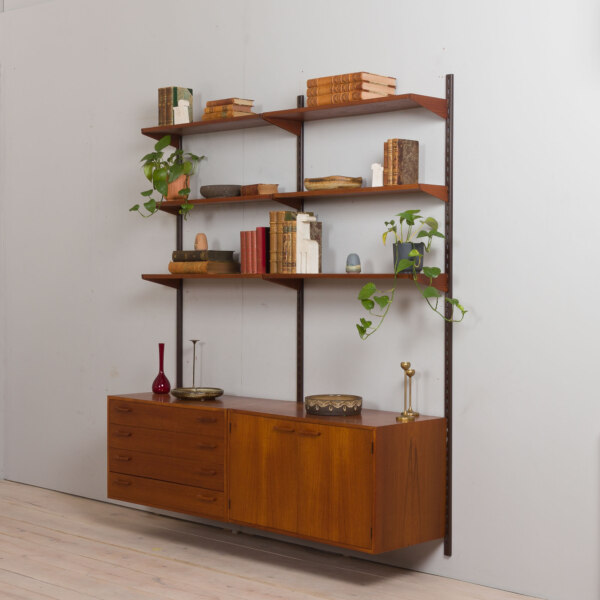 Vintage Danish modular bookcase / wall shelving in teak w. cabinet and a dresser by K. Kristiansen 1960s