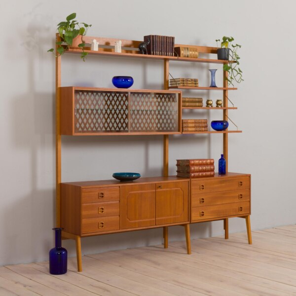 Vintage Scandinavian modular bookcase with shelving in teak, a glass cabinet and a dresser, Norway, 1960s