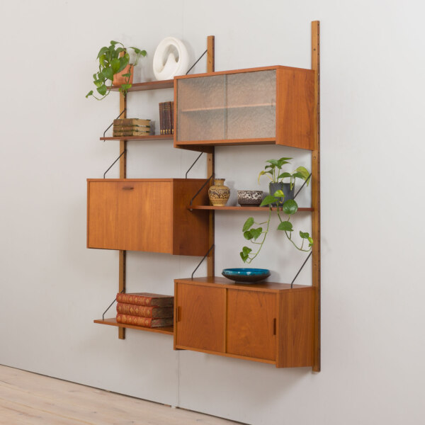 Reserved for Anoushka and Matt. Danish vintage modular teak bookcase, shelving wall unit with 3 cabinets and 4 shelves, 1960s