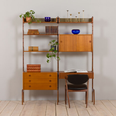 23014 ergo freestanding two bay teak wall unit with desk-1 23014 ergo freestanding two bay teak wall unit with desk-1