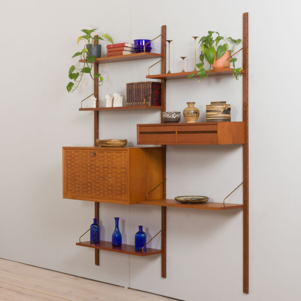 Danish bookcase by Poul Cadovius, teak wall unit with a secteraire or a bar cabinet and a console, Cado, Denmark, 1960s
