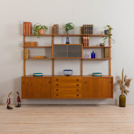 23009 Vintage Danish modular teak bookcase, system of 7 wall shelves _ 4 cabinets 75cm wide each, 1970s-1 23009 Vintage Danish modular teak bookcase, system of 7 wall shelves _ 4 cabinets 75cm wide each, 1970s-1