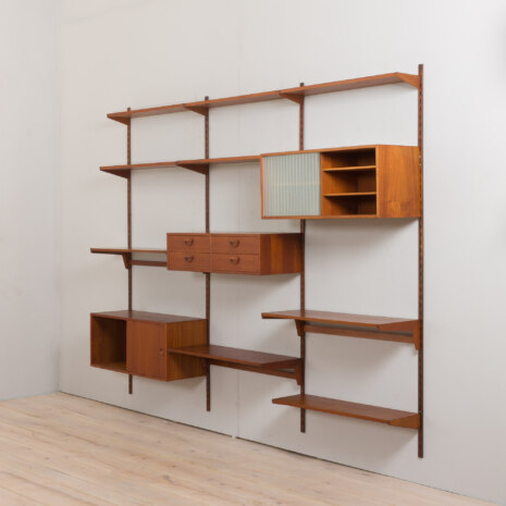 23036 Vintage Danish modern modular teak bookcase, system of 9 wall shelves _ 3 cabinets by K. Kristiansen for FM Mobler, 1960s v.3-5 23036 Vintage Danish modern modular teak bookcase, system of 9 wall shelves _ 3 cabinets by K. Kristiansen for FM Mobler, 1960s v.3-5