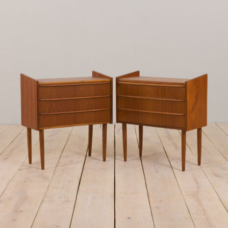 23057 Pair of Danish mid century modern teak nightstands with three drawers, 1960s-1 23057 Pair of Danish mid century modern teak nightstands with three drawers, 1960s-1