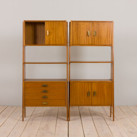 22489 Italian two sections modular bookcase, or room divider in light mahogany and brass, 1970s-1 22489 Italian two sections modular bookcase, or room divider in light mahogany and brass, 1970s-1