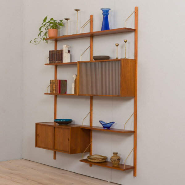 Danish mid century teak 2 bay wall unit with glass cabinet, Denmark, 1960s