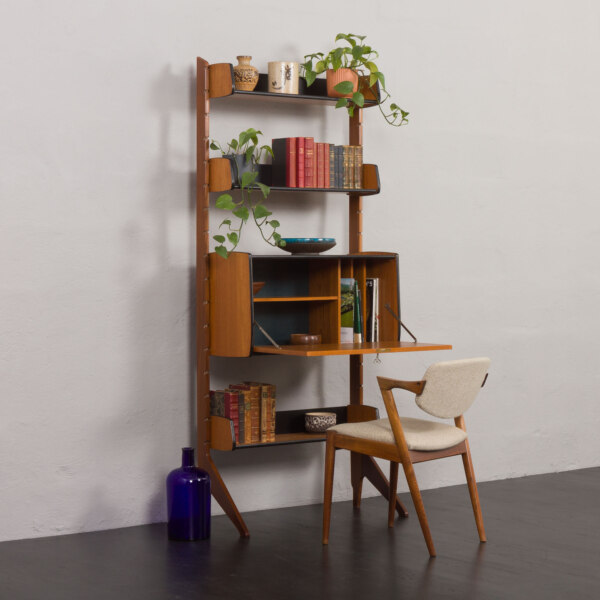 Scandinavian free standing vertical bookcase with a secrtetaire or home office wall unit model Ergo, designed by John Texmon, Norway 1960s