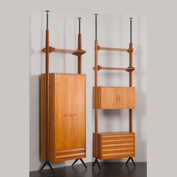 Italian mid century floor to celling wall unit or room divider in Franco Albini style in two independent pieces, 1960s