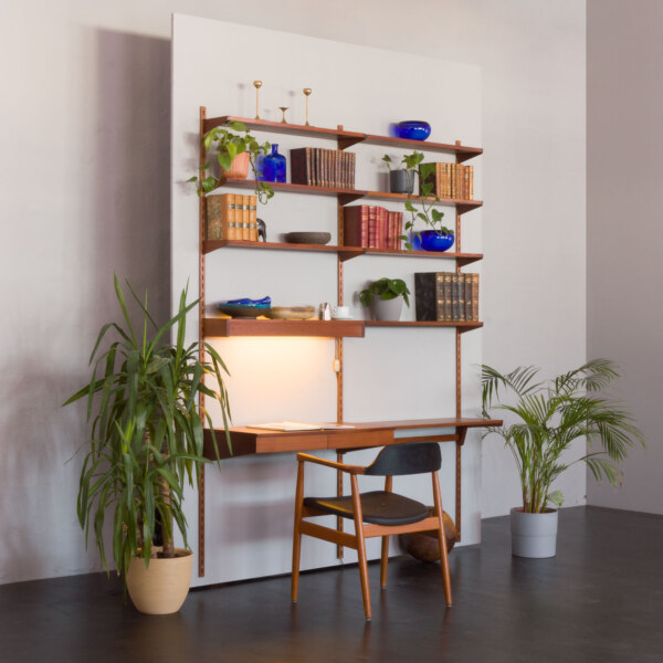 Kai Kristiansen teak home office wall unit in teak with desk and a lamp for FM Mobler, Denmark 1960s