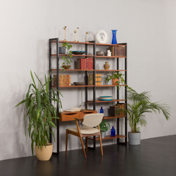 Scandinavian freestanding bookcase home office in teak with small desk by Ollie Borg for Asko, Finland 1960s