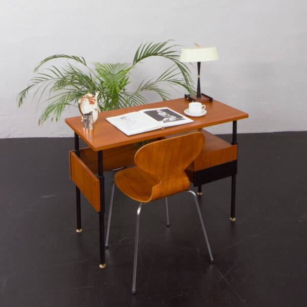 Small Italian lady or child teak desk with black varnished details, 1970s