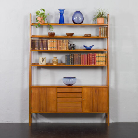 23213 Scandinavian freestanding teak bookcase with sideboard and 3 wide shelves-1 23213 Scandinavian freestanding teak bookcase with sideboard and 3 wide shelves-1