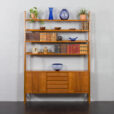 23213 Scandinavian freestanding teak bookcase with sideboard and 3 wide shelves-1