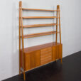 23213 Scandinavian freestanding teak bookcase with sideboard and 3 wide shelves-11