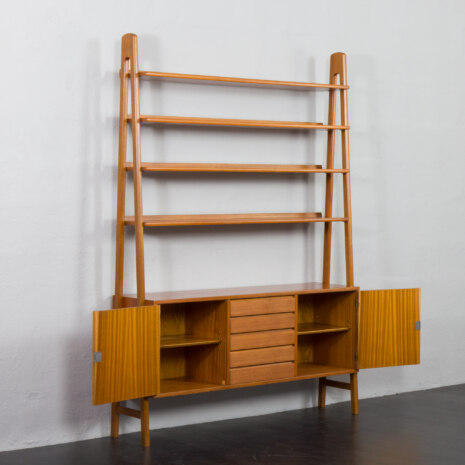 23213 Scandinavian freestanding teak bookcase with sideboard and 3 wide shelves-4 23213 Scandinavian freestanding teak bookcase with sideboard and 3 wide shelves-4