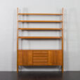 23213 Scandinavian freestanding teak bookcase with sideboard and 3 wide shelves-6