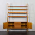 23213 Scandinavian freestanding teak bookcase with sideboard and 3 wide shelves-7