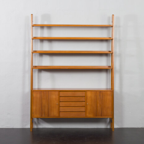 23213 Scandinavian freestanding teak bookcase with sideboard and 3 wide shelves-8 23213 Scandinavian freestanding teak bookcase with sideboard and 3 wide shelves-8