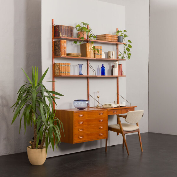 Danish home office shelving system in teak with a floating desk and chest of drawers by Preben Sorensen for PS Systems, 1960s