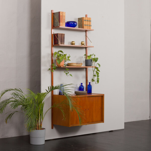 Poul Cadovius style wall unit in teak with sliding doors cabinet and 3 shelves, Denmark 1960s