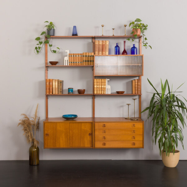 Danish modular shelving system in teak with 3 cabinets & 5 floating cabinets, Cadovius style wall unit, Denmark, 1960s