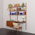23301 Danish home office shelving system in teak with a floating desk _ sliding doors cabinet by Preben Sorensen, 2 bay wall unit, 1960s-2